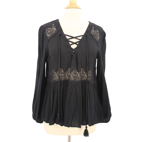 American Eagle Outfitters Tops - American Eagle Peasant Blouse Medium Black Embroidered Bohemian‎ Peplum Gauze
